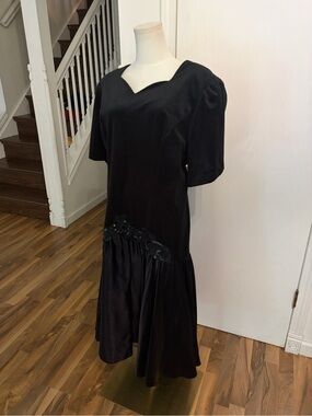 Roaman's Vintage Black Evening Dress Puff Sleeves, Beaded Gem Appliqué, XL/XXL
